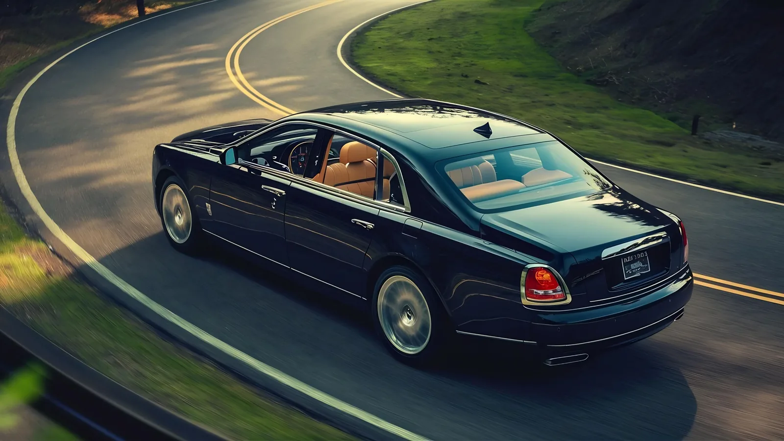 A black Rolls-Royce sweeping along an open highway